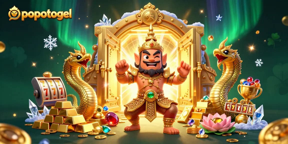 Spin the reels of popotogel while interacting with majestic guardians and shimmering treasures in a vibrant casino scene.