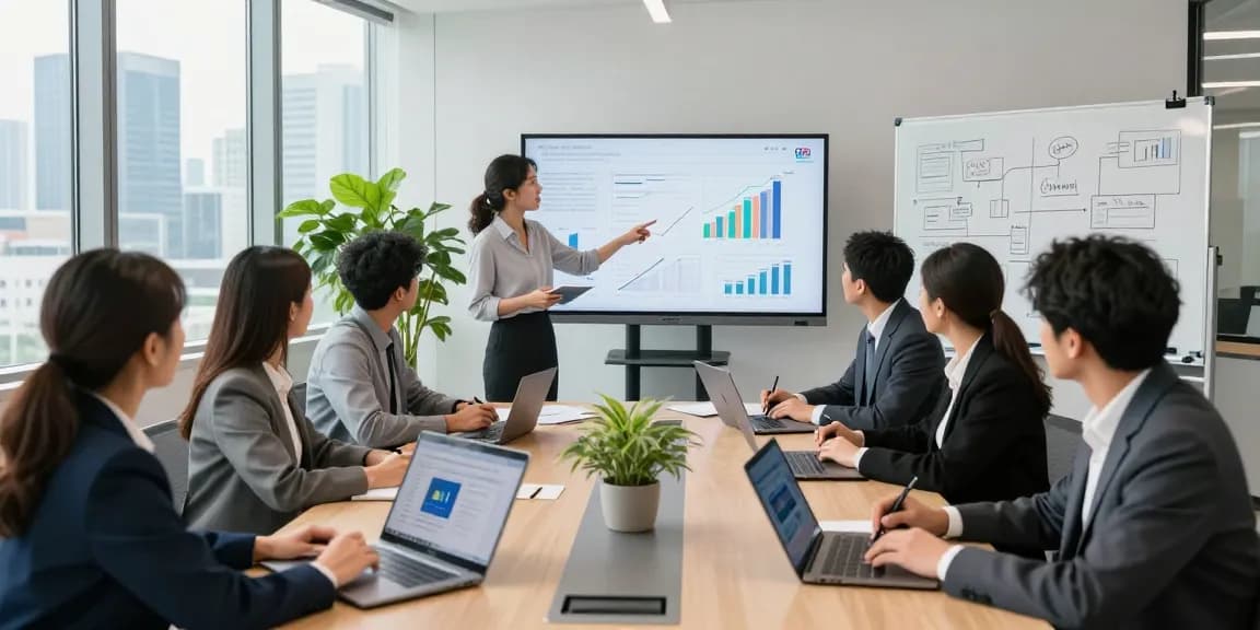 Engaging team meeting on AI for business with diverse professionals collaborating and discussing analytics in a modern office.