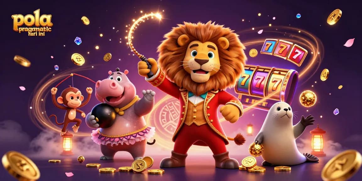 Pola pragmatic hari ini showcases vibrant slot reels with a dynamic casino scene featuring winning characters.