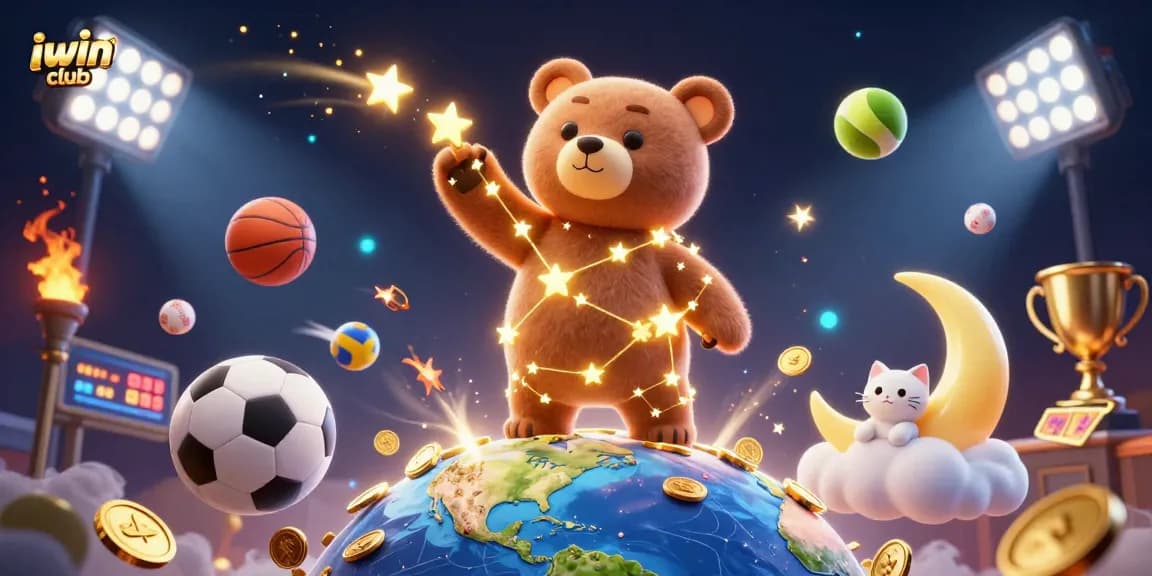 Experience excitement with iwin club as a constellation bear scoops coins amidst dynamic sports elements.