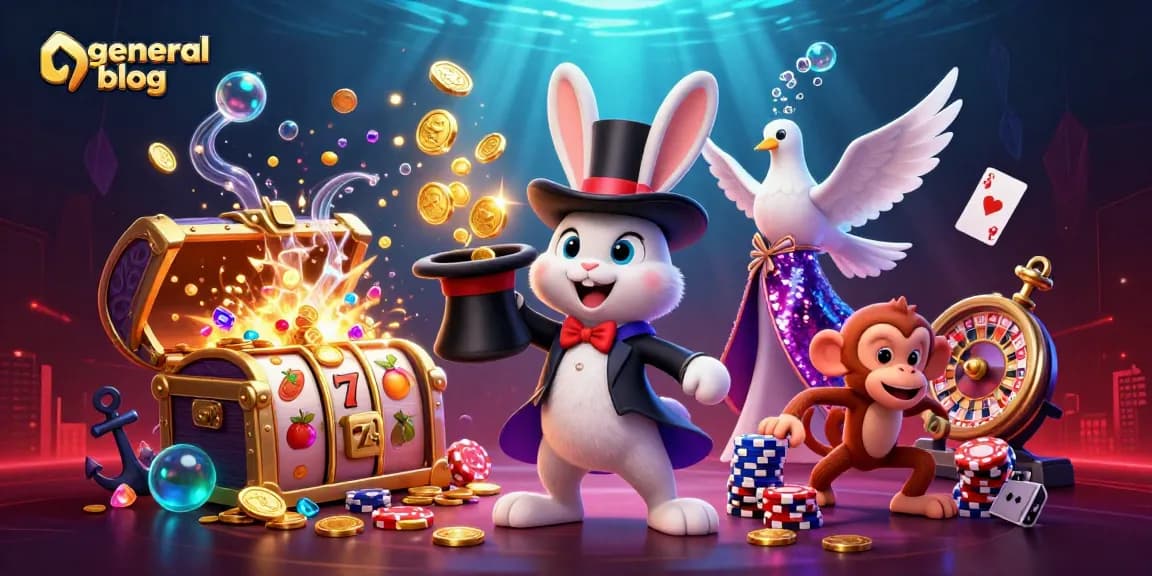 Engaging scene on general blog showcasing a magician rabbit, a dove, and a monkey amongst casino elements.