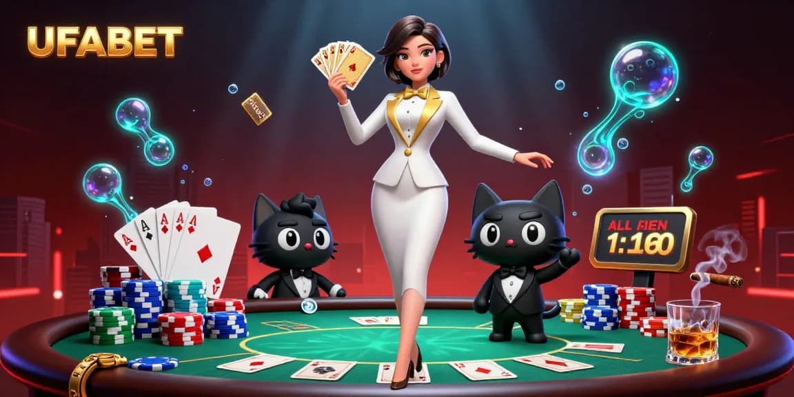 Experience the thrill of UFABET as a glamorous dealer shuffles cards at a vibrant poker table.