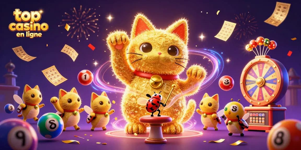 Animation colorée et festive présentant le top casino en ligne avec un chat porte-bonheur en feuillage.