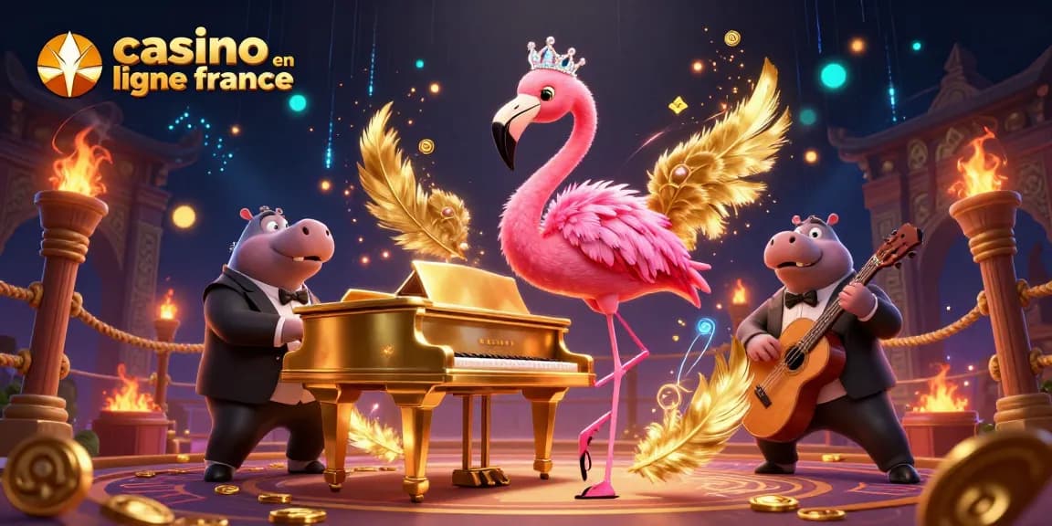Experience the vibrant atmosphere of casino en ligne france with a lively flamingo singer and hippo bassist.