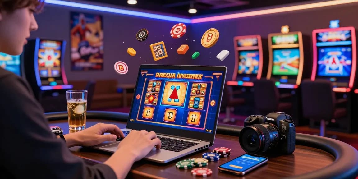 Exciting online gaming experience with rokok88 on a laptop amidst vibrant graphics and gaming props.