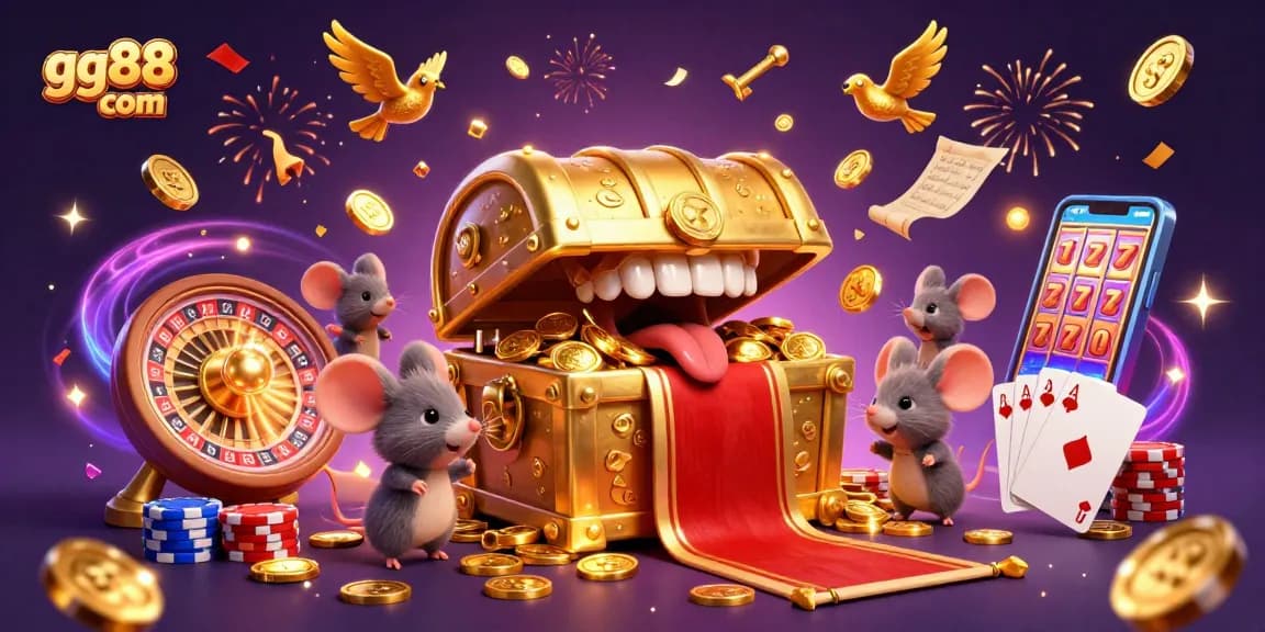 Engage with gg88 com's vibrant casino world, featuring a treasure chest and dynamic gaming elements.
