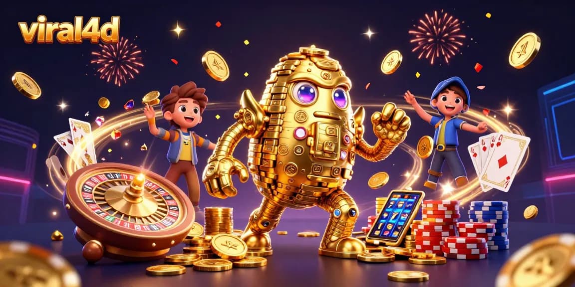 Menggambarkan kemeriahan permainan judi dengan gambar viral4d, kastor emas, simbol slot, dan permainan kasino lainnya.