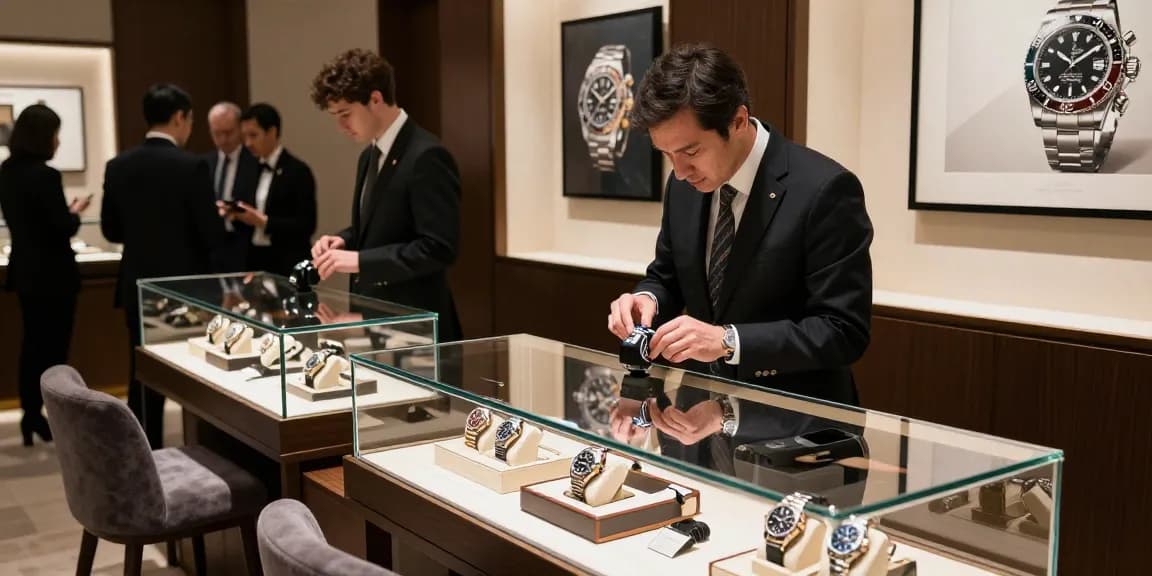 Exploring rolex super clone watches in a luxurious boutique with detailed displays.