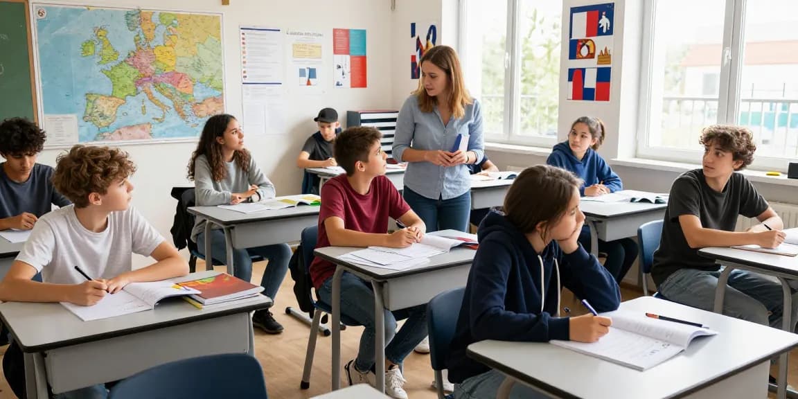 Corsi di francese in Francia presentati in un'aula coinvolgente con studenti diversi che apprendono insieme.
