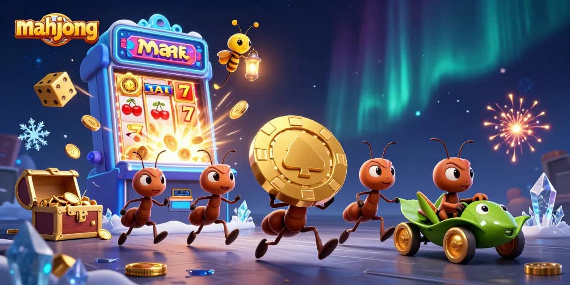 Experience mahjong excitement with ants carrying a giant poker chip in a vibrant casino heist scene.