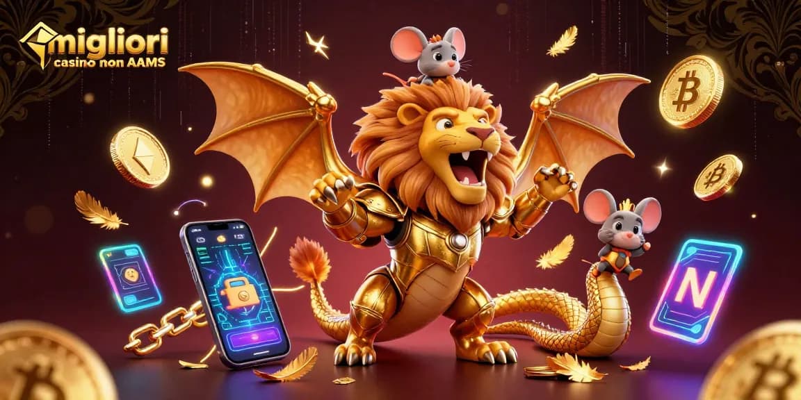 Migliori casino non AAMS che mostrano una chimera ruggente in armatura dorata con elementi crypto vibranti.