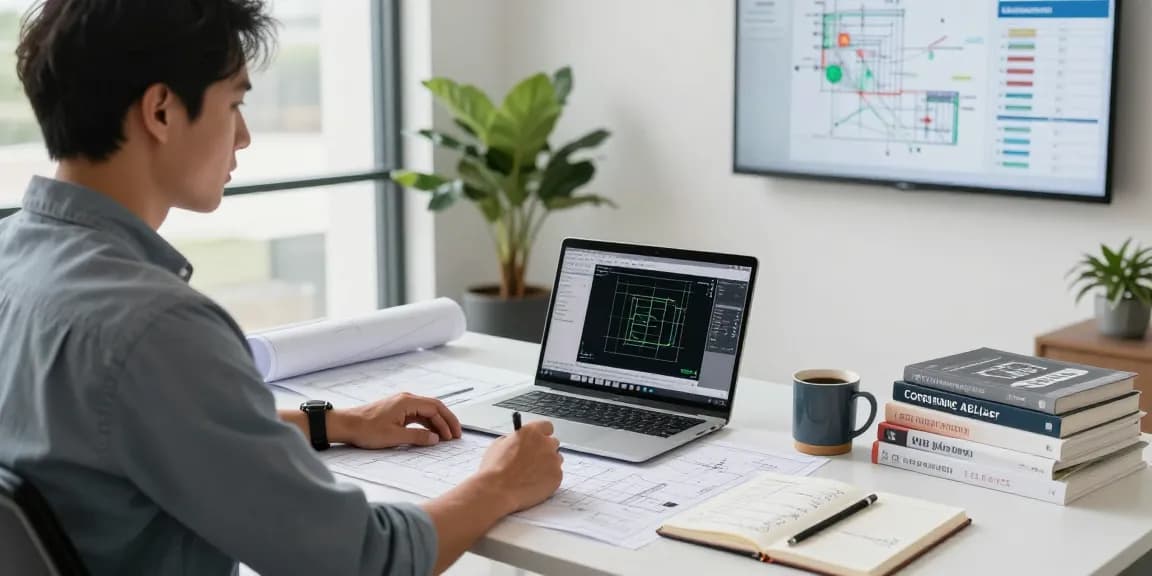 Engineer working on permit engineering Missouri with blueprints and CAD software in a bright office environment.