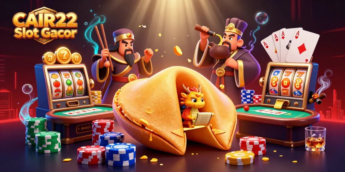 Mesin slot CAIR22 Slot Gacor menampilkan simbol buah dan keberuntungan, dengan latar belakang kasino yang megah.