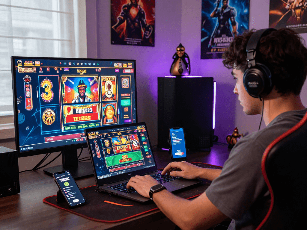 Player enjoying a thrilling togel 4d live casino game on a modern gaming setup with vibrant graphics.