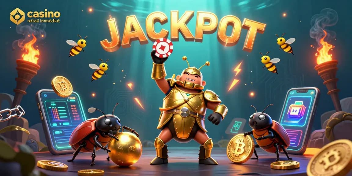 Profitez d'un retrait immédiat dans un casino dynamique avec des personnages de coccinelles et des éléments de jeu captivants.