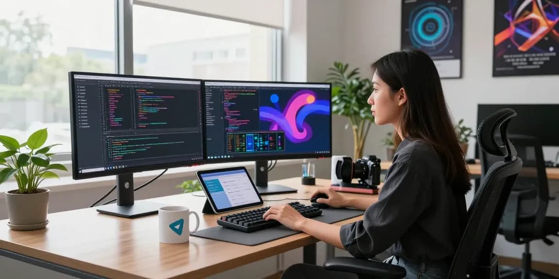 Developer showcasing 纸飞机中文版 in a vibrant tech workspace with multiple monitors and coding apps.