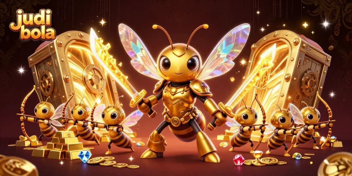 Gambaran judi bola yang mendebarkan dengan hornet emas mengenakan armor, dikelilingi harta dan efek cahaya.