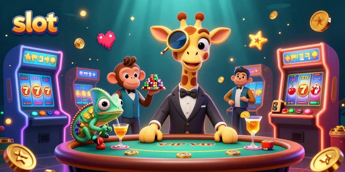 Bermain slot dengan jerapah, monyet, dan bunglon di kasino virtual.