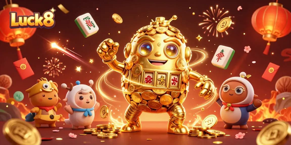 Win big at Luck8 with the lively casino-themed 3D illustration showcasing golden golems and festive elements.