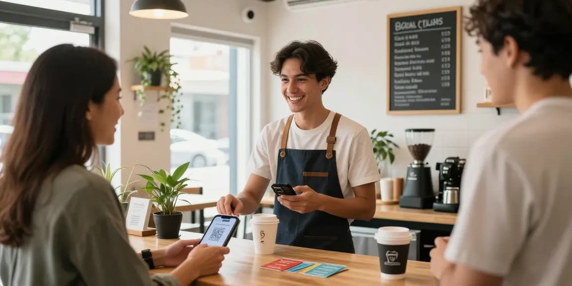 Engaging café scene demonstrating a loyalty program in action with a barista and customer interacting through QR scanning.