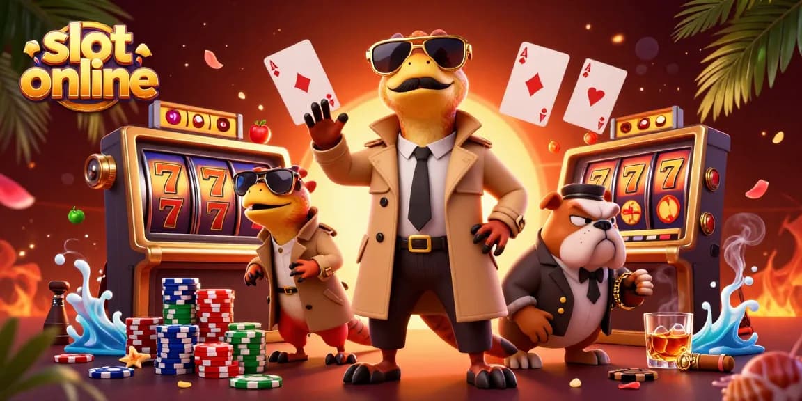 Engage with exciting slot online action featuring cartoon raptors in a vibrant casino scene.