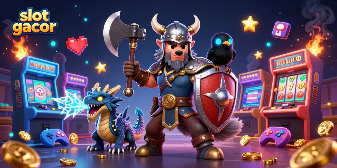 Experience exciting gameplay with slot gacor featuring a Viking wolf warrior, dragon, and casino elements.