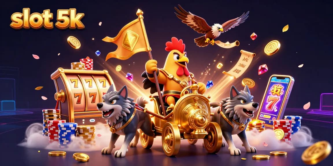 Experience the thrilling adventure of slot 5k as a rooster warlord leads with slot reels and poker chips.