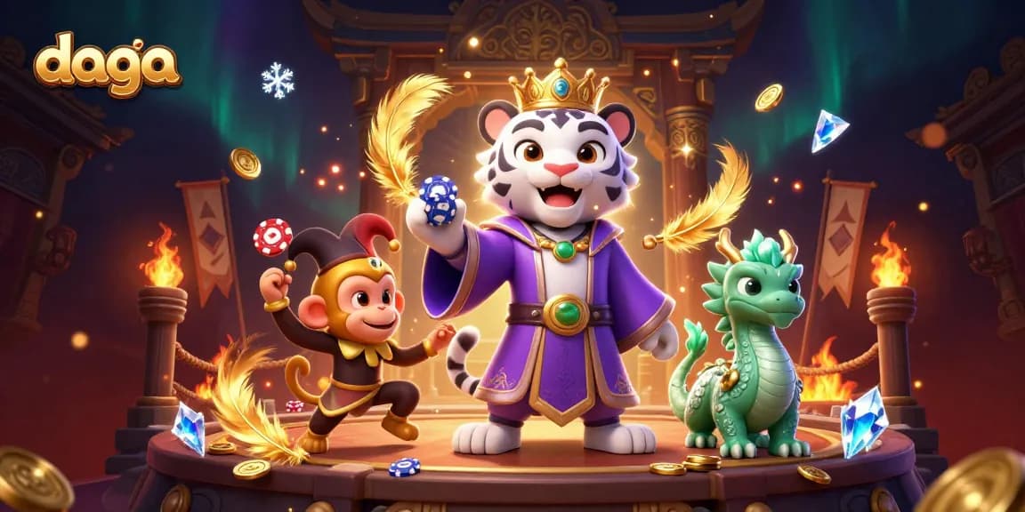 Daga players can enjoy vibrant casino action with a royal tiger, jester monkey, and dragon statue.