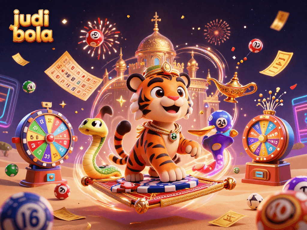 Experience judi bola excitement with a vibrant 3D illustration featuring an Arabian tiger sultan on a carpet of poker chips.