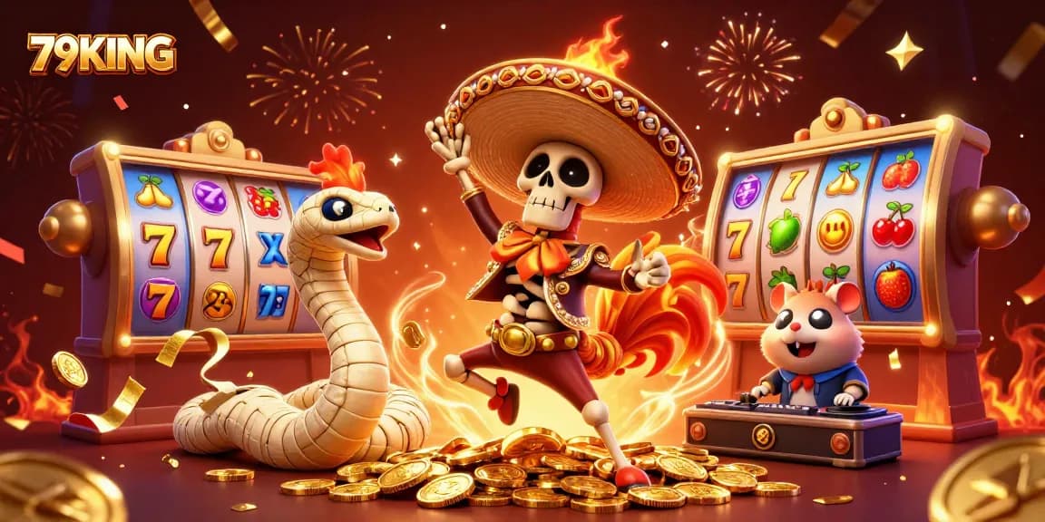 79KING showcases a lively casino scene with a dancing mariachi rooster and vibrant slot elements.