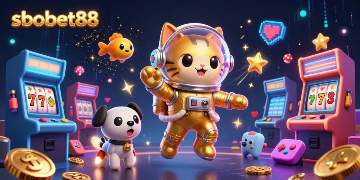 sbobet88 highlights thrilling slot gaming, featuring a playful astronaut cat and vibrant colorful visuals.