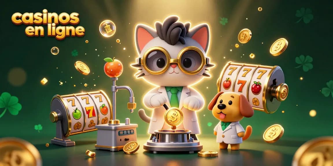 Visuel captivant illustrant des casinos en ligne avec un chat scientifique fou et un chien assistant, machines à sous et pièces d'or.