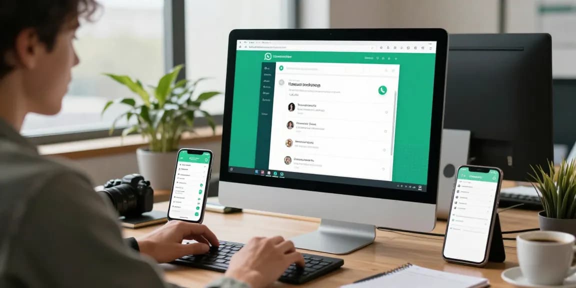 Person using WhatsApp網頁版 on desktop in a modern office.