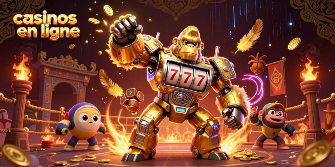 Une illustration animée d'un gorille mech en or, symbolisant les casinos en ligne, avec des éléments de jeux.