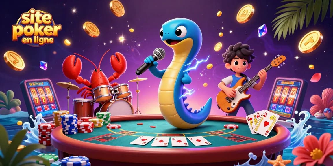 Jouez sur un site poker en ligne avec une scène dynamique et colorée d'un poisson électrique DJ et ses amis.