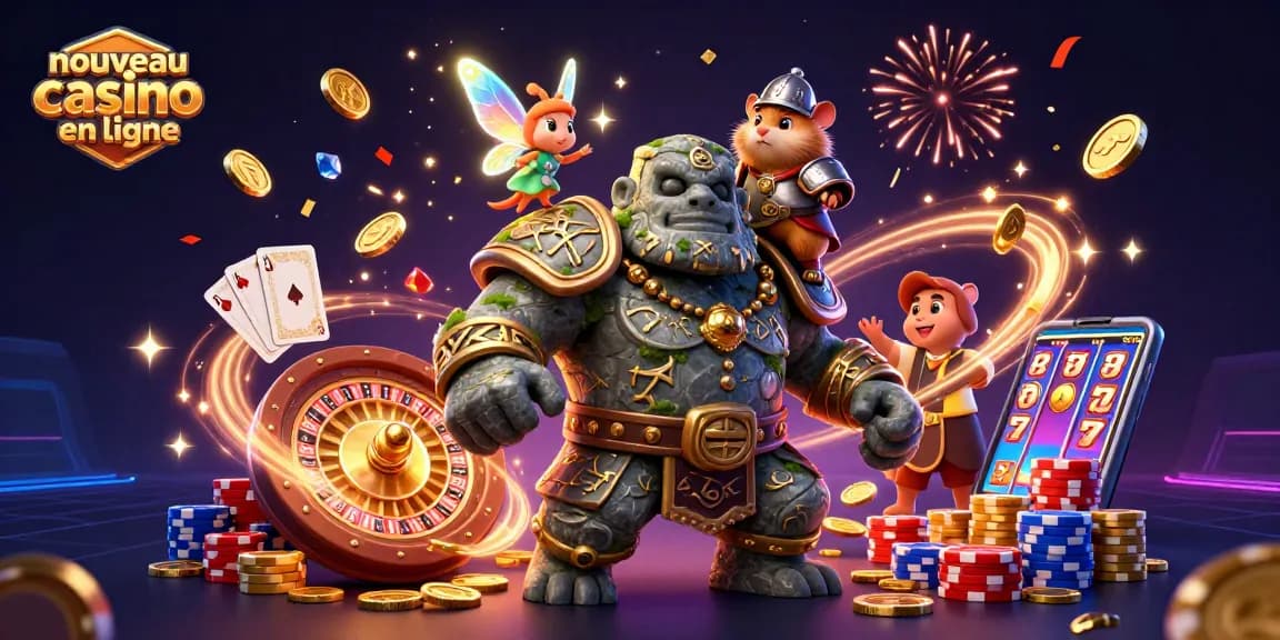 Illustration dynamique de personnages jouant au nouveau casino en ligne, avec des pièces dorées et une magie scintillante.
