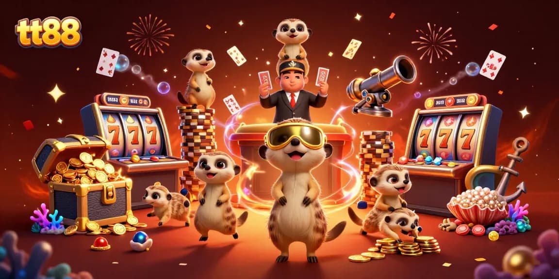 tt88 gaming meerkats hosting a vibrant casino with slot reels and golden treasures