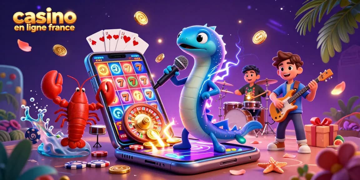 Illustration d'un casino en ligne France, avec un DJ anguillé et ses musiciens sous-marins entourés de jackpots et de jeux de casino.