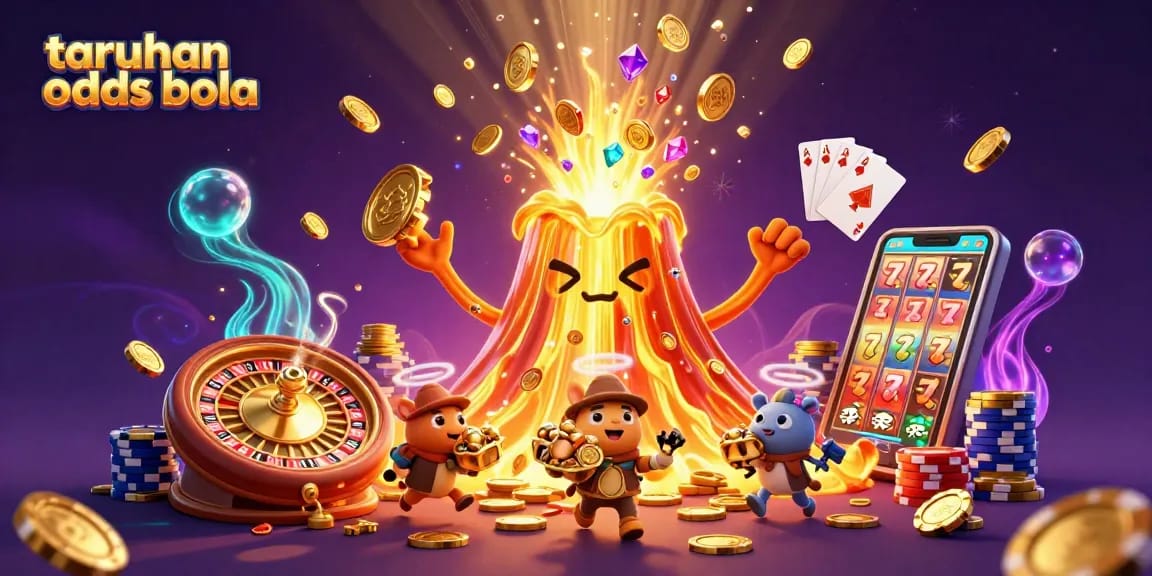Experience thrilling taruhan odds bola action with a golden volcano and adventurous animals in this vibrant 3D scene.