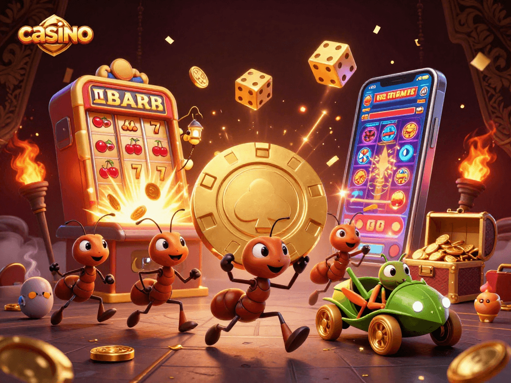 Team of ants executing a casino heist, capturing a golden poker chip amidst a lively casino scene.