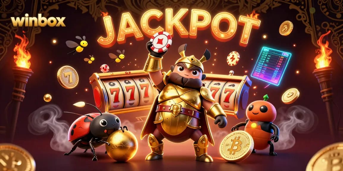 Winbox game illustration featuring a hercules beetle winning at slots, surrounded by vibrant casino elements.