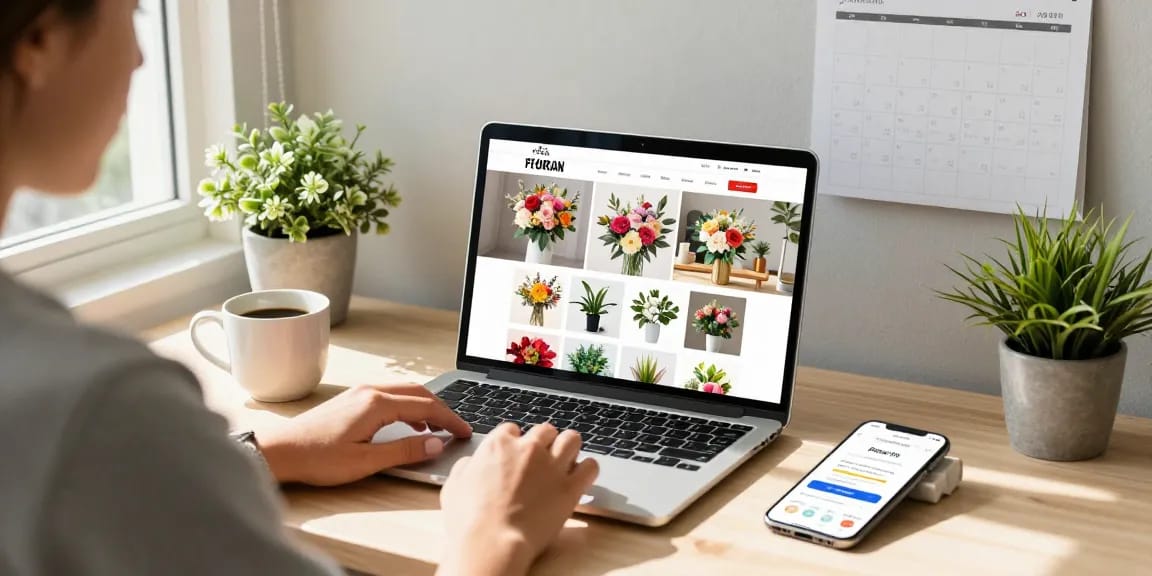 Engaging online shopping experience at MODALWD featuring vibrant floral arrangements and art supplies.