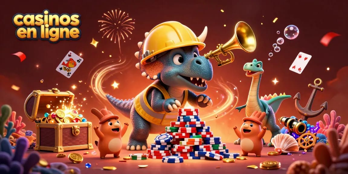 Jouez aux casinos en ligne avec des personnages de dinosaures célébrant la victoire dans une illustration pleine de couleurs.