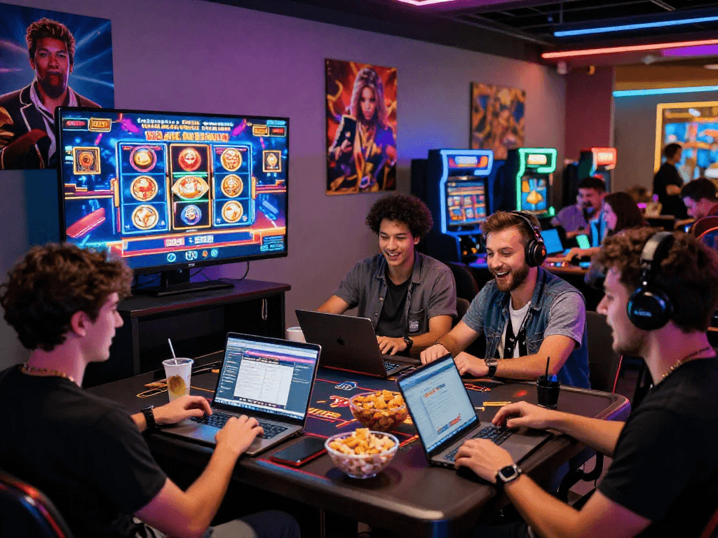 Experience online gaming excitement at https://raja328lucky.com/ with friends enjoying a vibrant casino atmosphere.