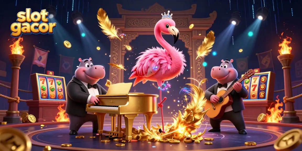 Menangkan jackpot slot gacor dengan ilustrasi 3D menghibur dari penyanyi flamingo dan musisi hippo di kasino.