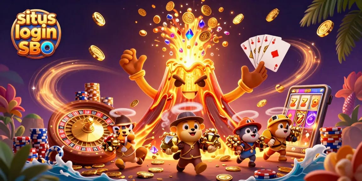 Experience situs login SBO excitement with treasures erupting from a golden volcano in a vibrant casino scene.