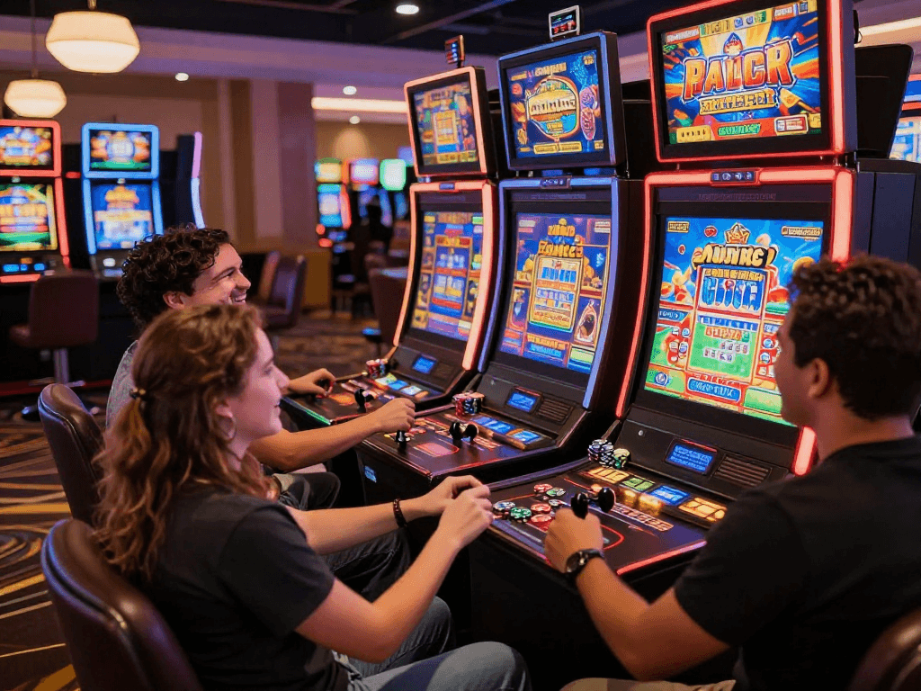Players enjoying bandar slot gacor at a vibrant casino, capturing excitement and energy.