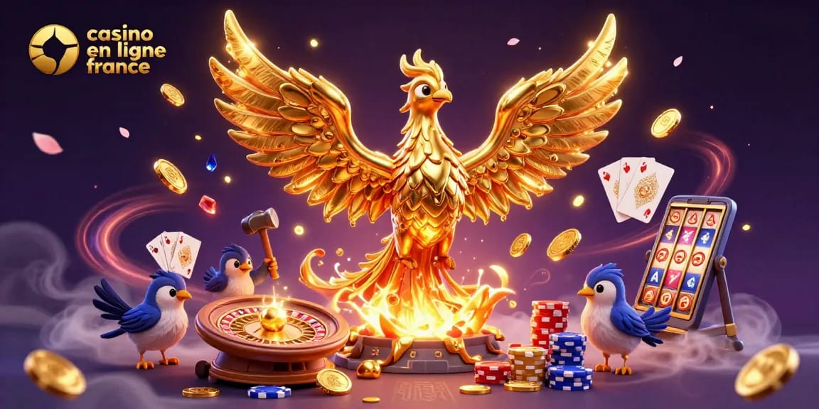 Jouer sur un casino en ligne France avec un phoenix doré et des pièces étincelantes en action.