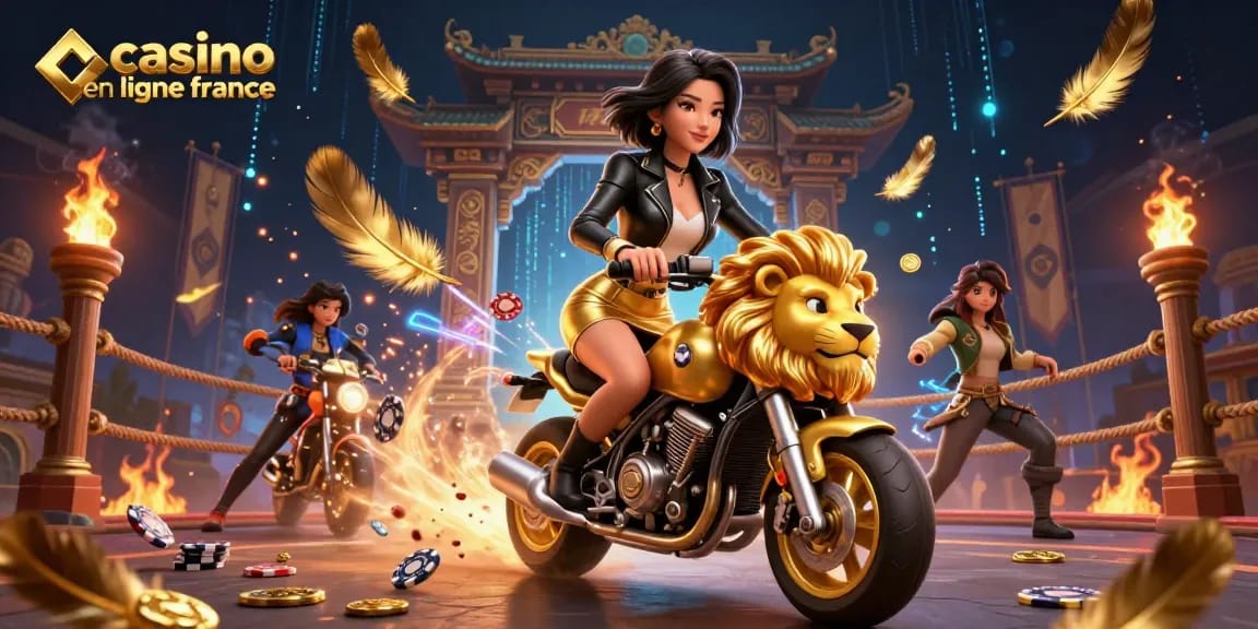 Interagissez avec le monde palpitant du casino en ligne France, mettant en vedette une femme glamour chevauchant un lion doré parmi des éléments de casino festifs.