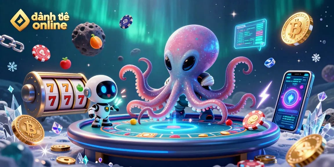 Engage in đánh đề online with a vibrant 3D casino scene featuring an octopus and robot.